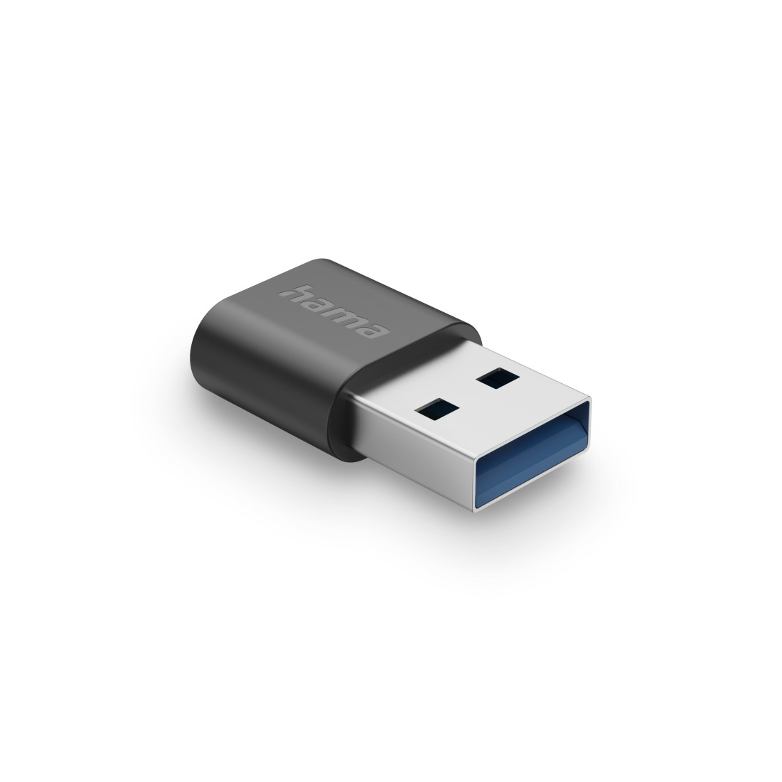 Schwarzer USB-Adapter von Hama. Verfügt über einen USB-A- auf USB-C-Anschluss mit blauem Innenraum.