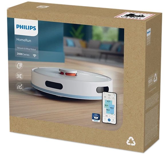Zapakowany robot odkurzający Philips HomeRun, biało-pomarańczowy, na drewnianej podłodze.