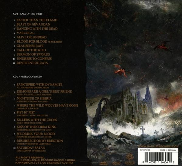 Rückseite einer CD-Hülle mit Titellisten, Albumcover mit Burg und Drachen.