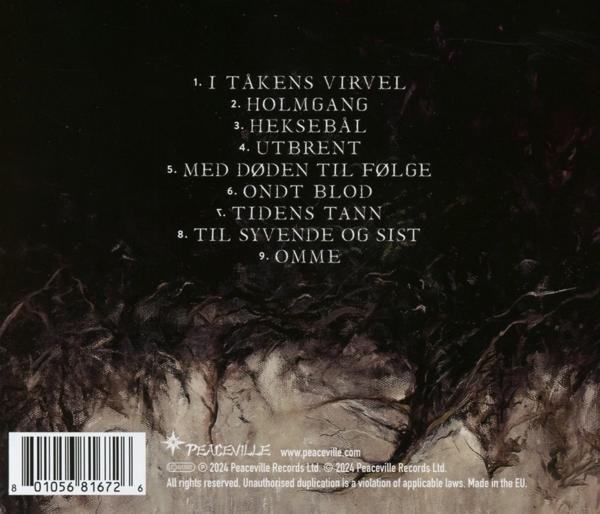 Albumcover mit Titelliste auf Norwegisch. Dunkler Hintergrund, stilisierte Bilder, Text in Weiß.