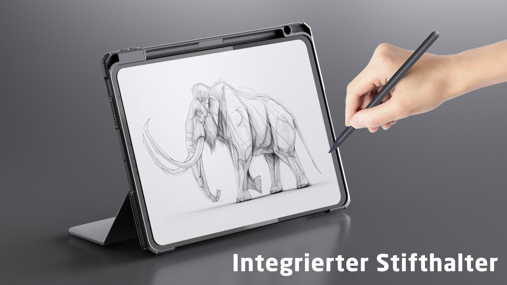 Ein iPad auf einem Ständer mit einer Zeichnung eines Elefanten, mit einer Hand, die einen Stift hält.