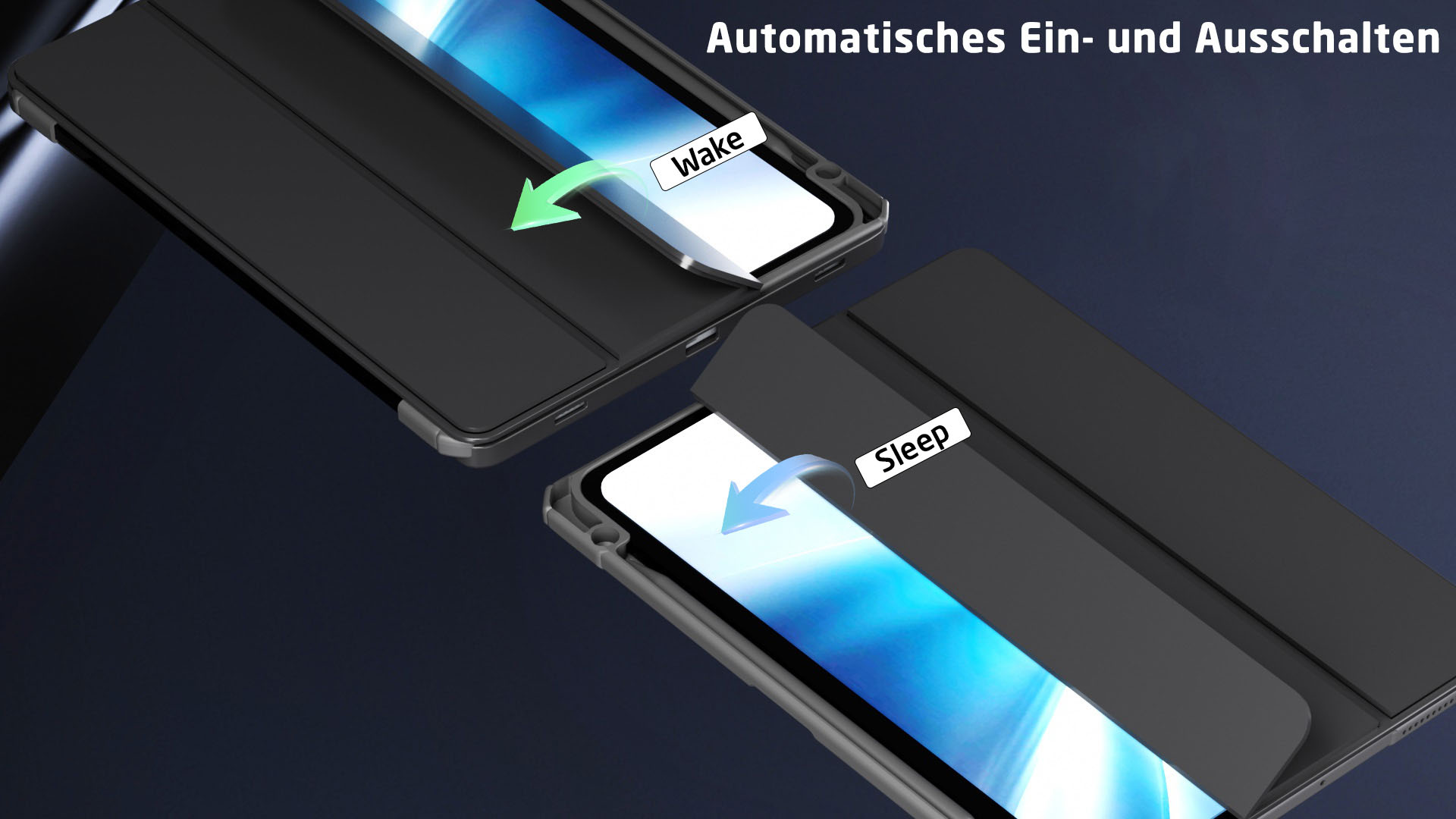 Eine Tablet-Hülle mit Bildschirm, die die Weck- und Schlaf-Funktionen zeigt.