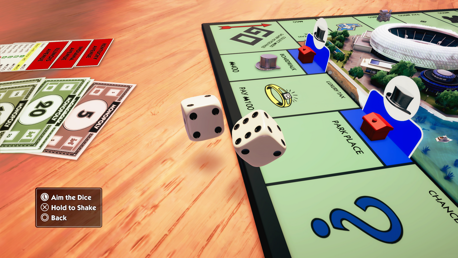 Tablero de Monopoly, tirada de dados, fichas y instrucciones.