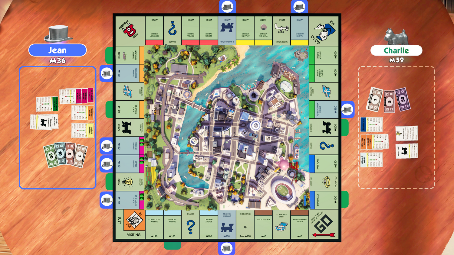 Un tablero de juego de Monopoly con dos jugadores, Jean y Charlie, jugando en una mesa de madera.