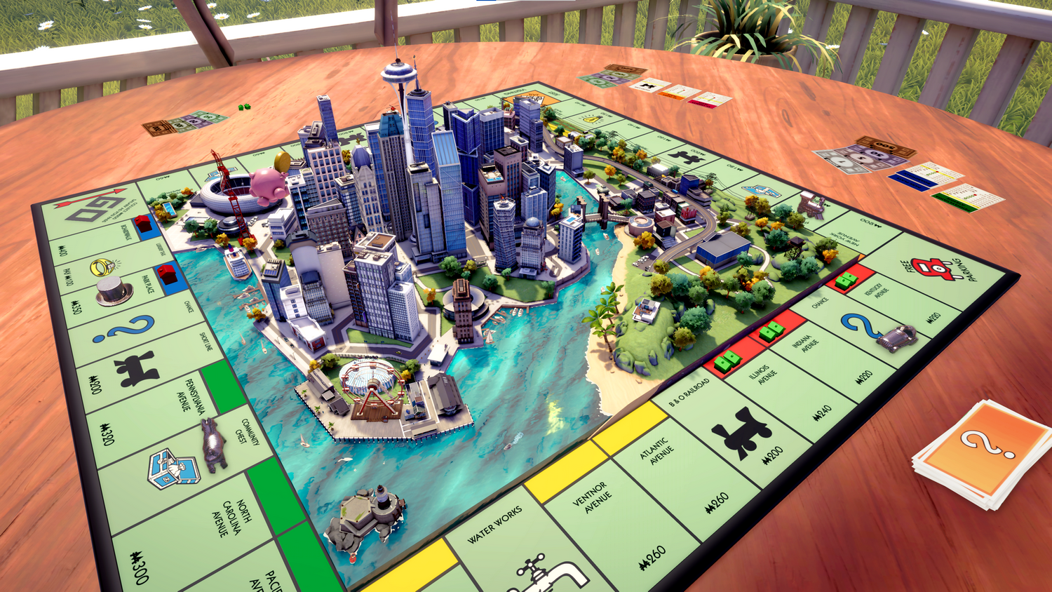Juego de mesa Monopoly con ciudad 3D, cartas, dados y dinero en mesa de madera.