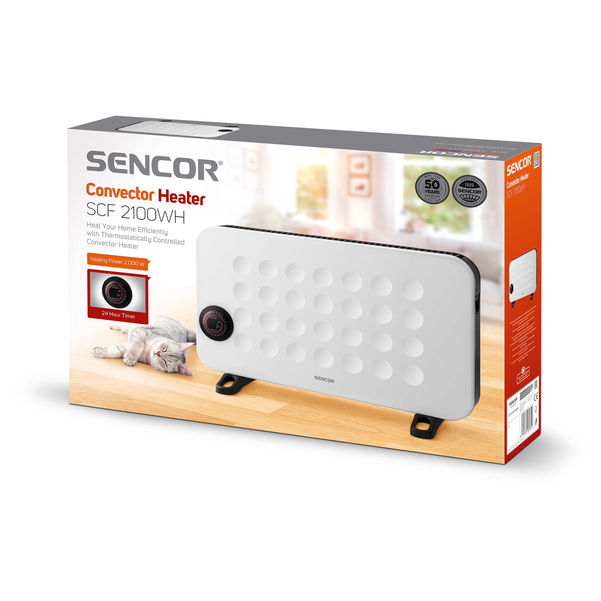 Grzejnik SENCOR SCF 2100WH na drewnianym stole, z kotem.