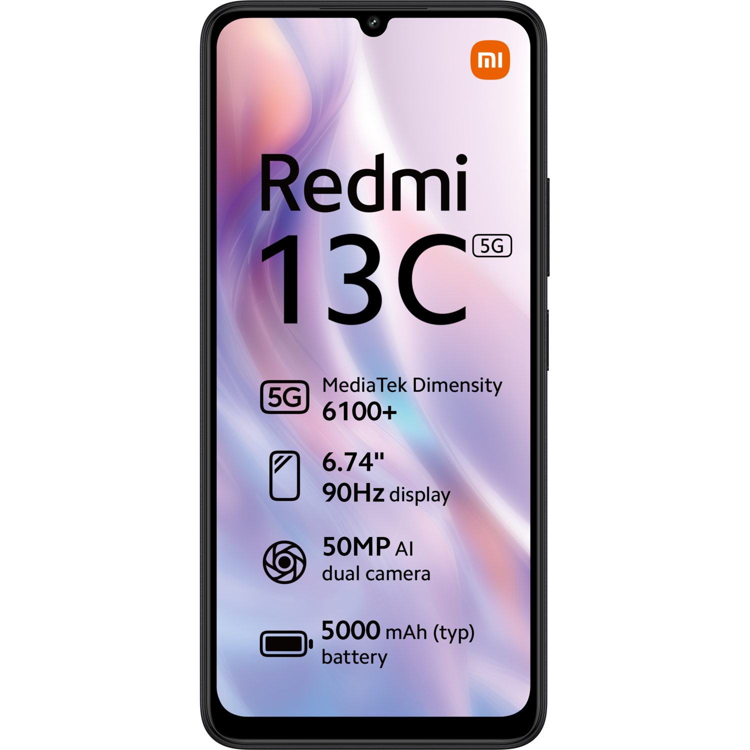 A smartphone screen displaying product specs, with a Redmi 13C 5G logo on top.