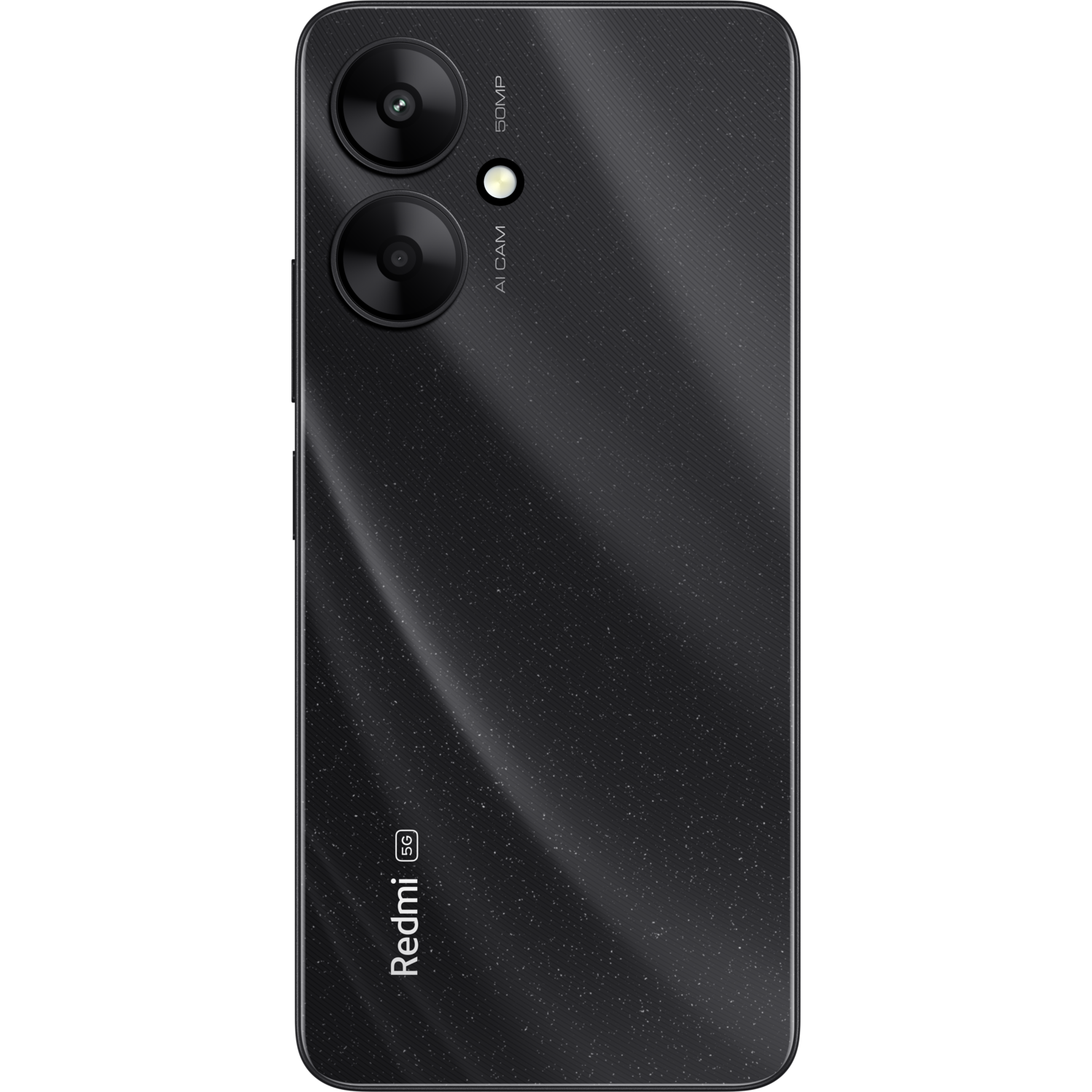 Black Redmi 5G phone, rear view. Two cameras and Redmi logo visible.
