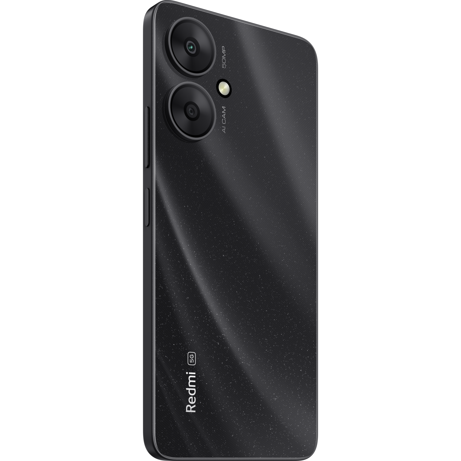 Black smartphone, back view. Dual camera setup, 50MP, AI CAM text. Redmi 5G logo at the bottom.