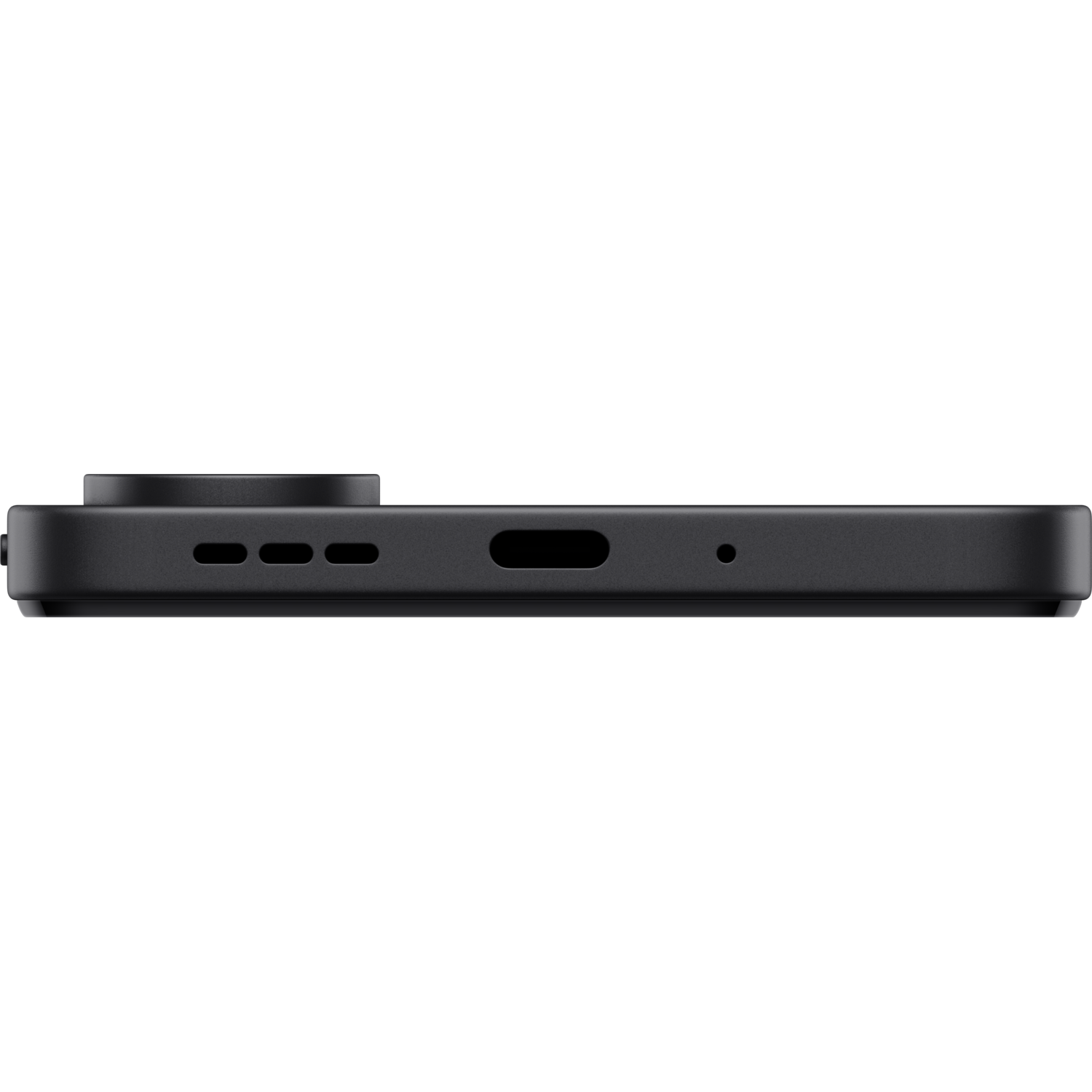 The bottom of a black smartphone with ports and holes.