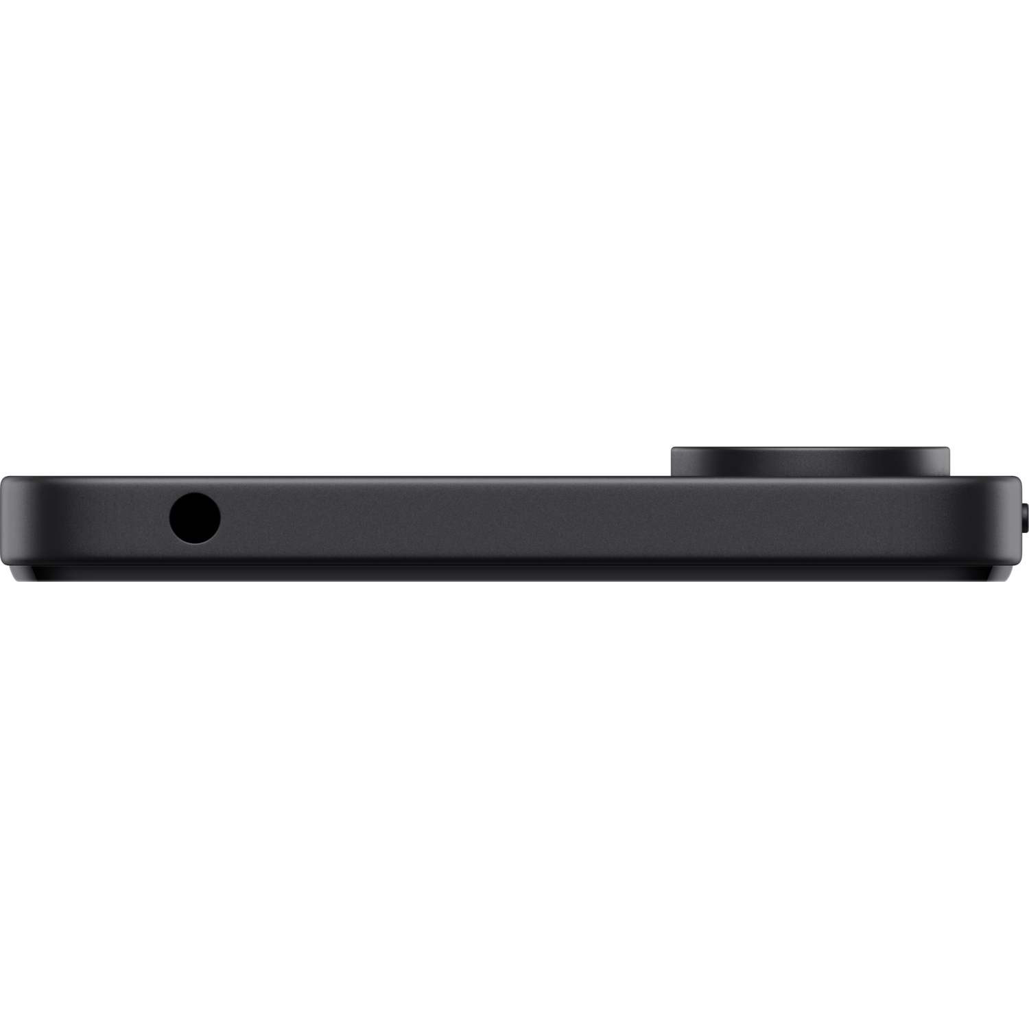 A close-up side view of a black device with a hole and a button.