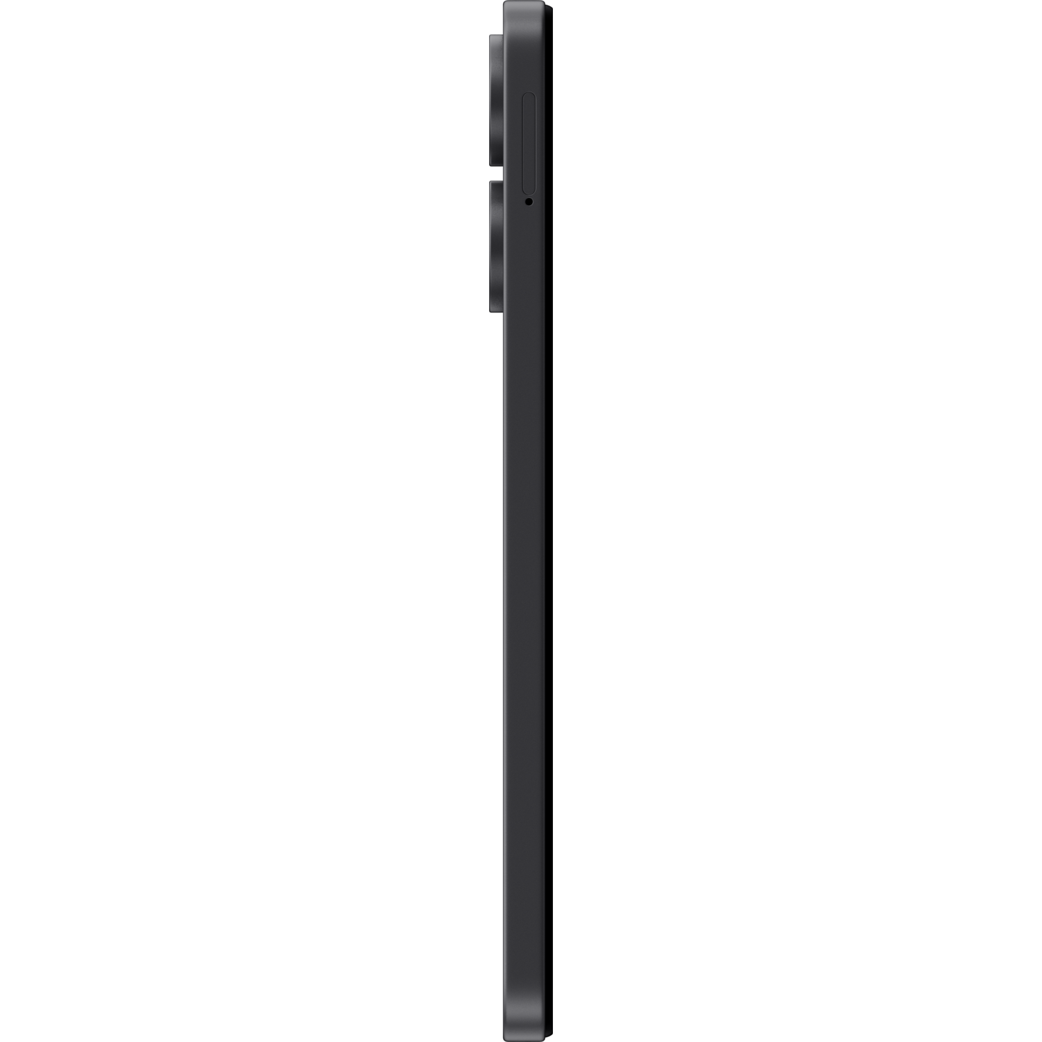 Side profile of a black smartphone on a black background.