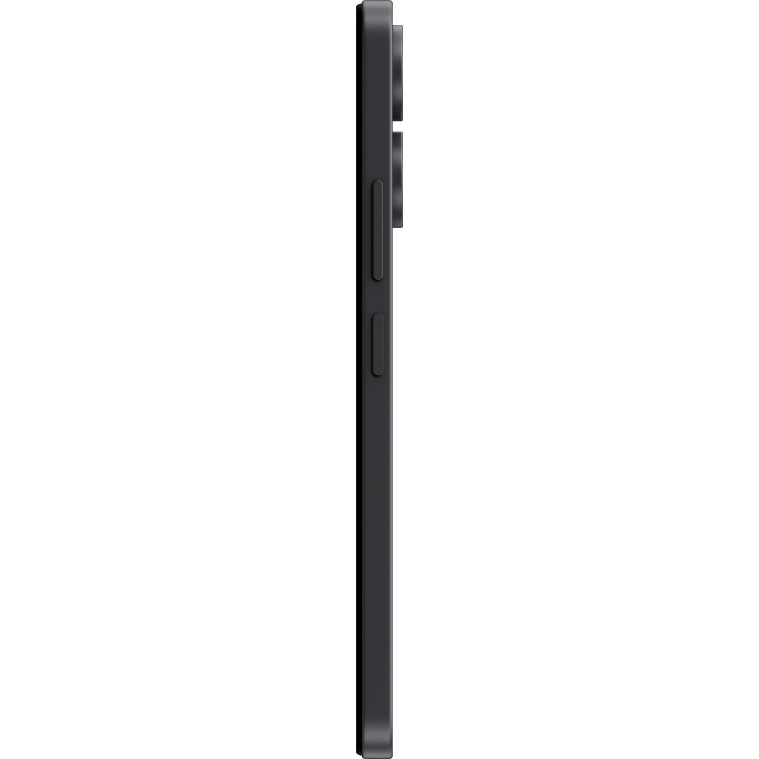 Side view of a black smartphone. It has buttons and camera lenses.