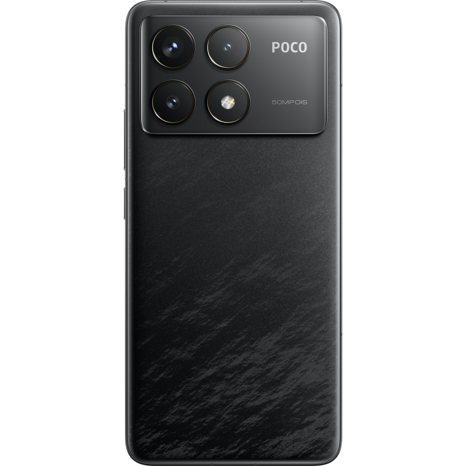 A black phone with four camera lenses and a textured back, on a black background.