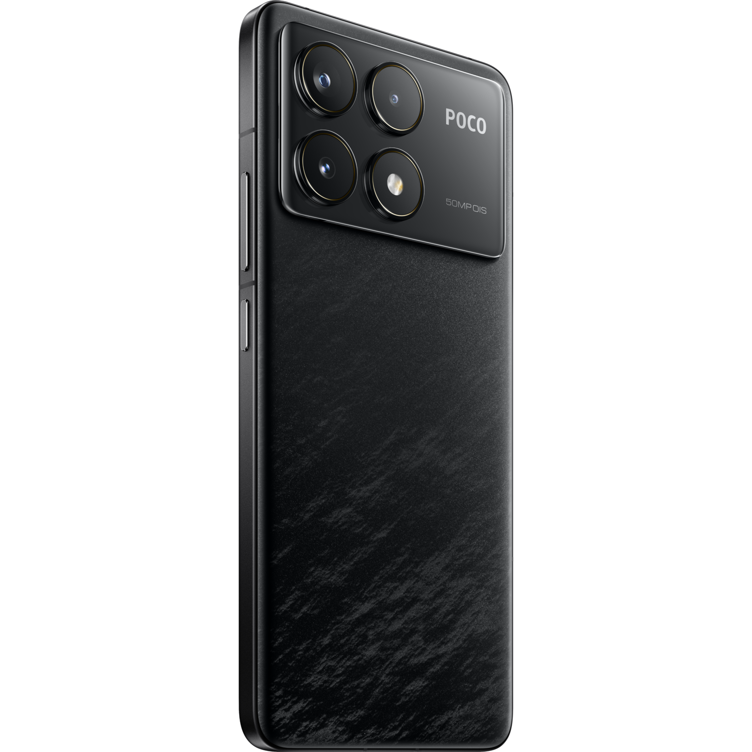 A black smartphone with four rear cameras and the POCO logo.