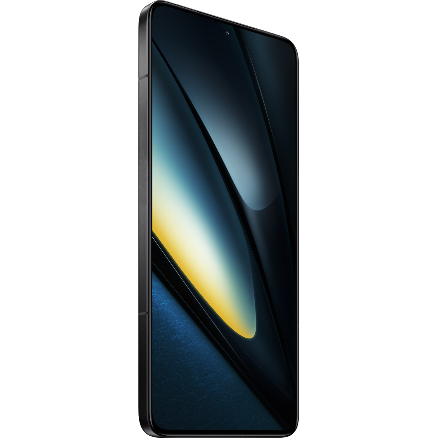 Black smartphone on a black background, angled view.