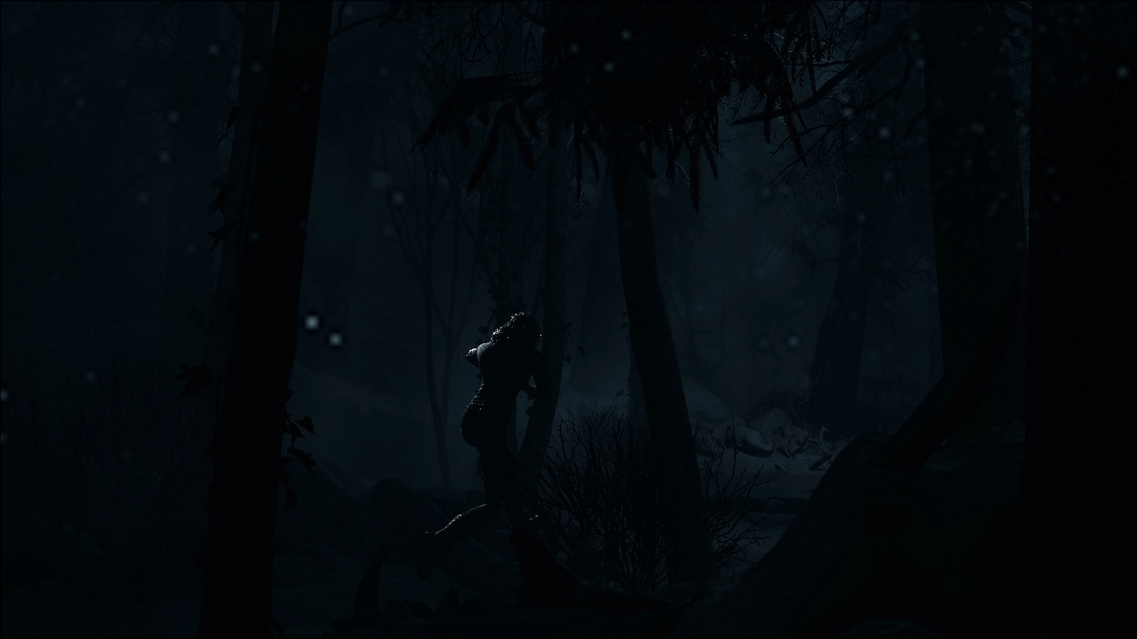 Eine Person rennt nachts durch einen dunklen Wald. Die Bäume sind silhouettenhaft dargestellt.