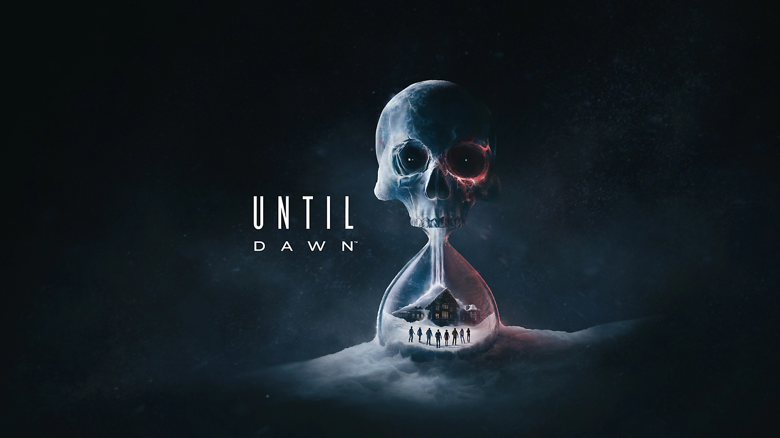 Dunkles Bild mit einem Totenkopf in einer Sanduhr. Die Worte 'UNTIL DAWN' sind sichtbar.