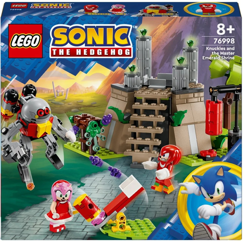 Zestaw Lego Sonic the Hedgehog. Figurki Knucklesa, Amy i Sonica pokazane z budynkiem.