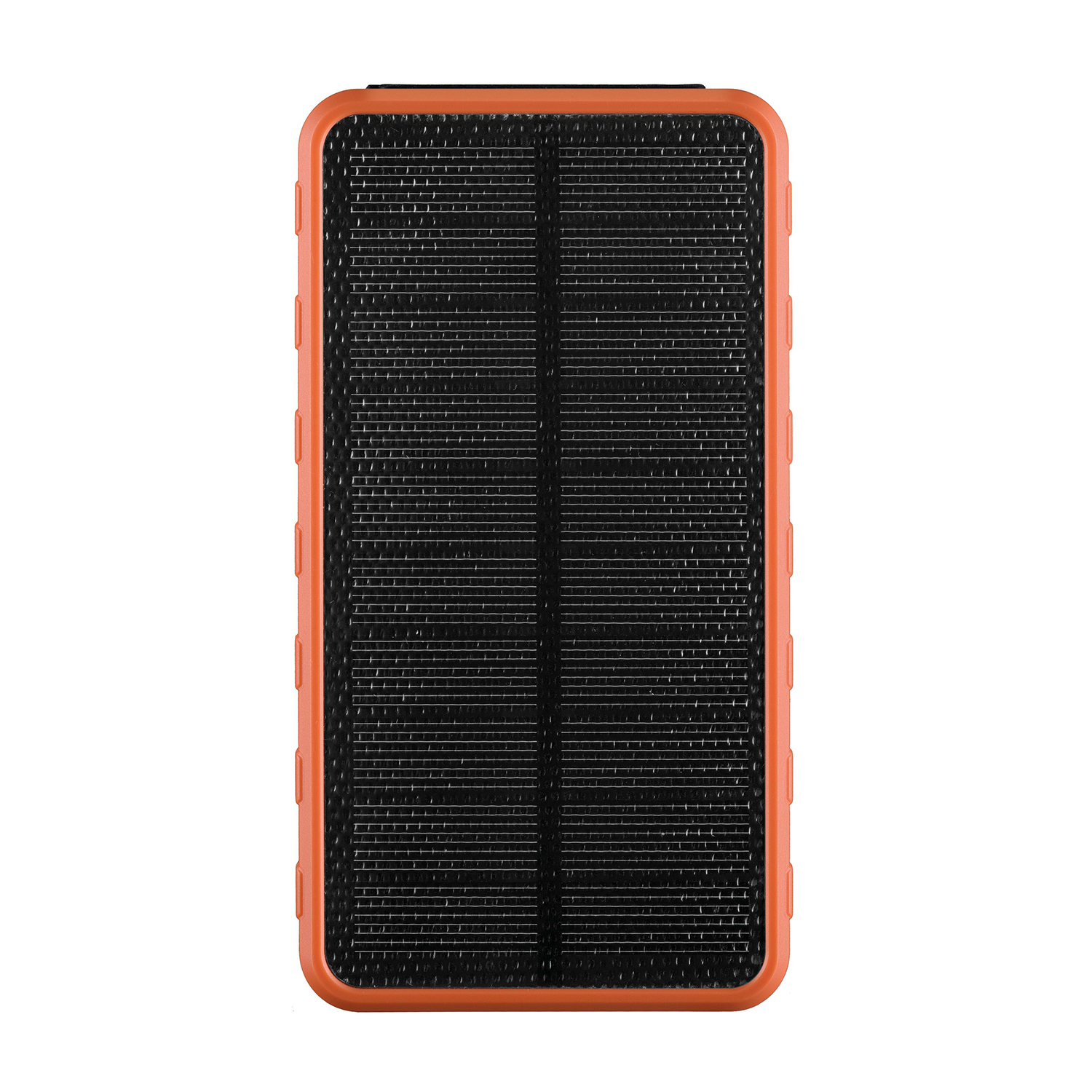 Un dispositivo a pannello solare arancione. È rettangolare con un motivo a griglia sul pannello nero.