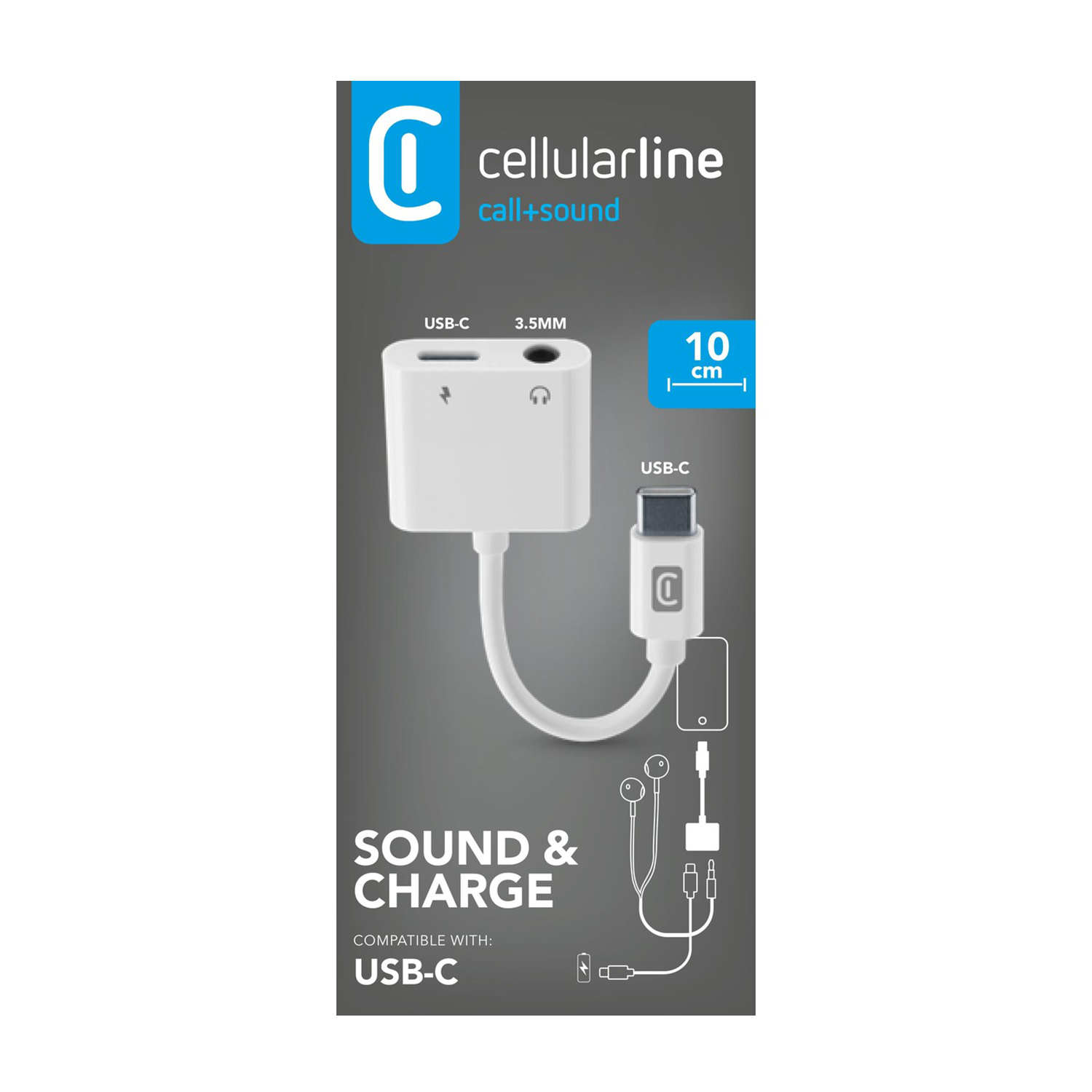 Adattatore bianco con connettore USB-C e porta per ricarica e audio da 3,5 mm.