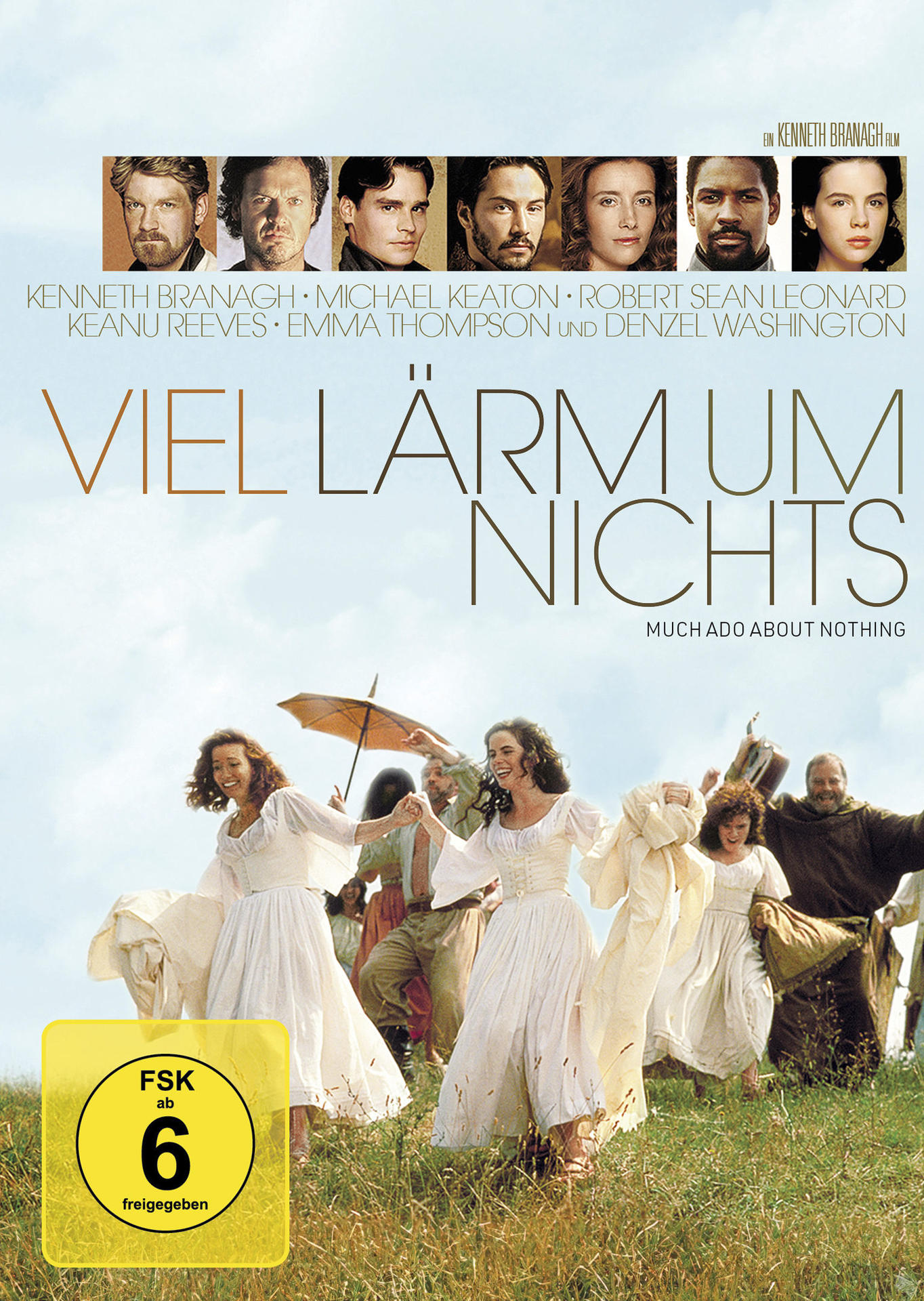 Filmposter für 'Viel Lärm um Nichts'. Gesichter der Schauspieler oben, Leute in weißen Kleidern unten.