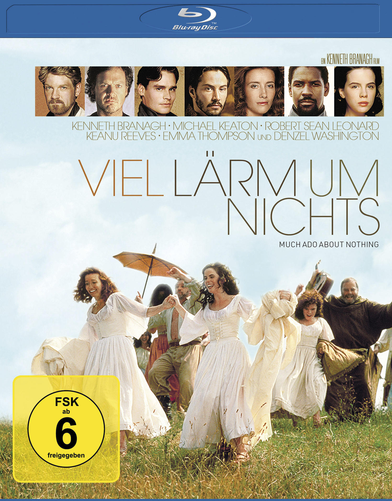 Filmposter 'Viel Lärm um Nichts', mit Gesichtern von Schauspielern und Menschen in weißen Kleidern.