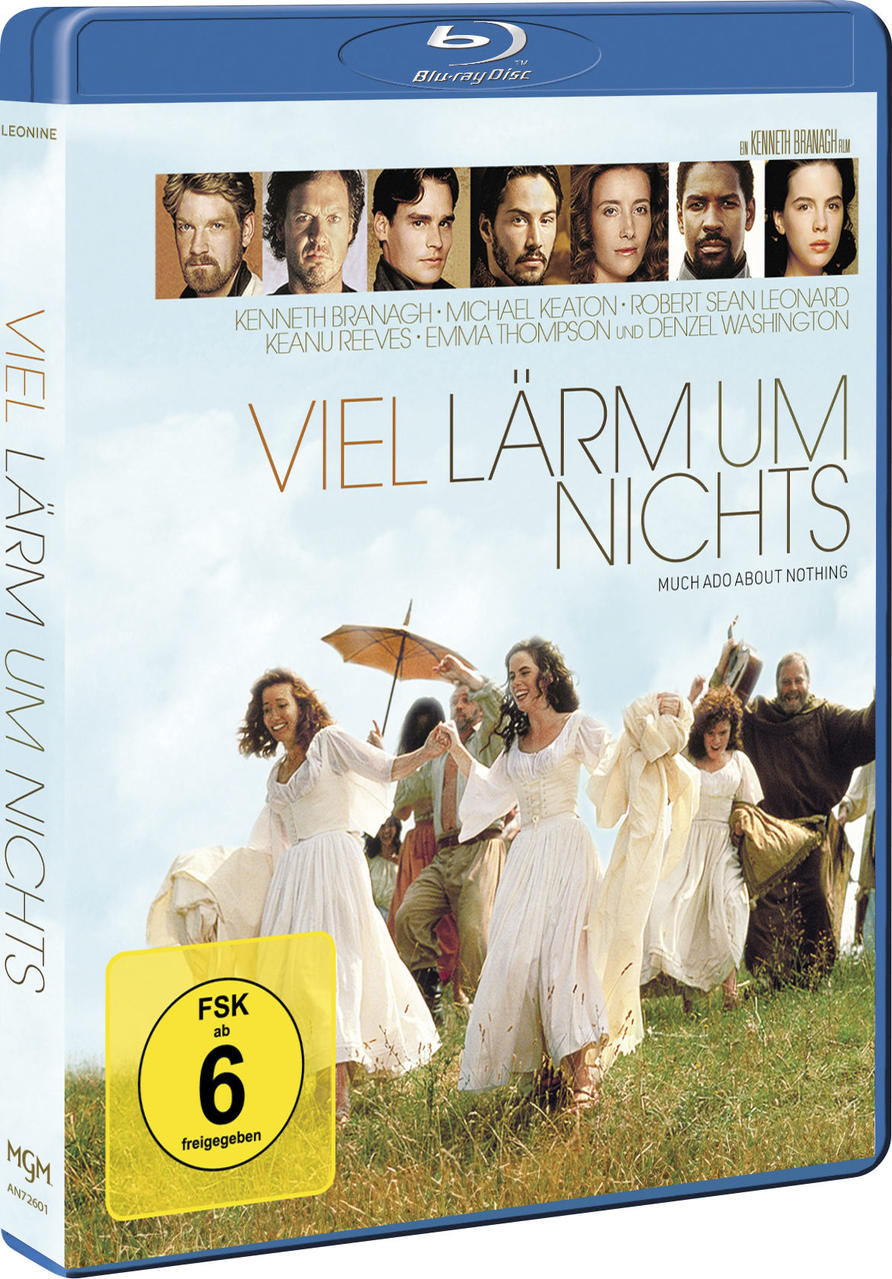Eine DVD-Hülle von 'Viel Lärm um Nichts' mit Gesichtern von Schauspielern. Frauen in weißen Kleidern.