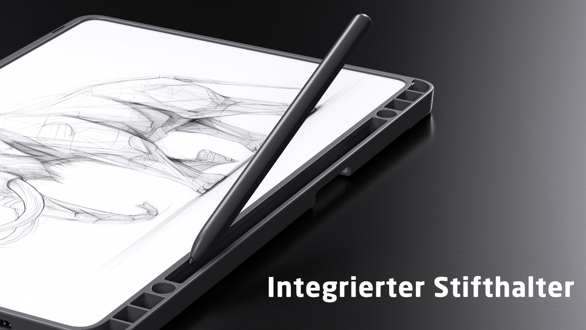 Tablet mit Stift, am unteren Rand steht 'Integrierter Stifthalter'.