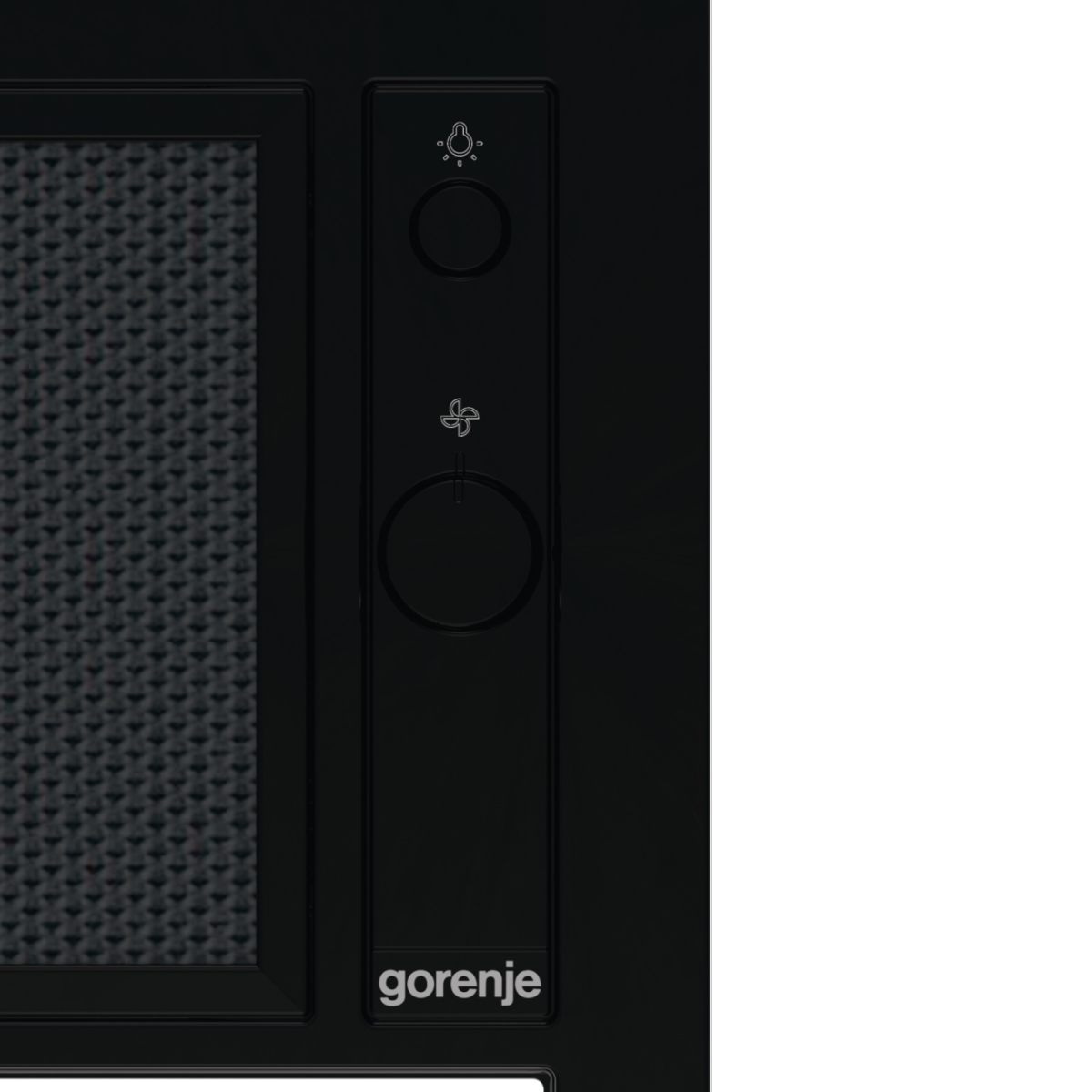Fekete mikrohullámú sütő vezérlőpanel, fény és ventilátor ikonokkal. Gorenje logó.