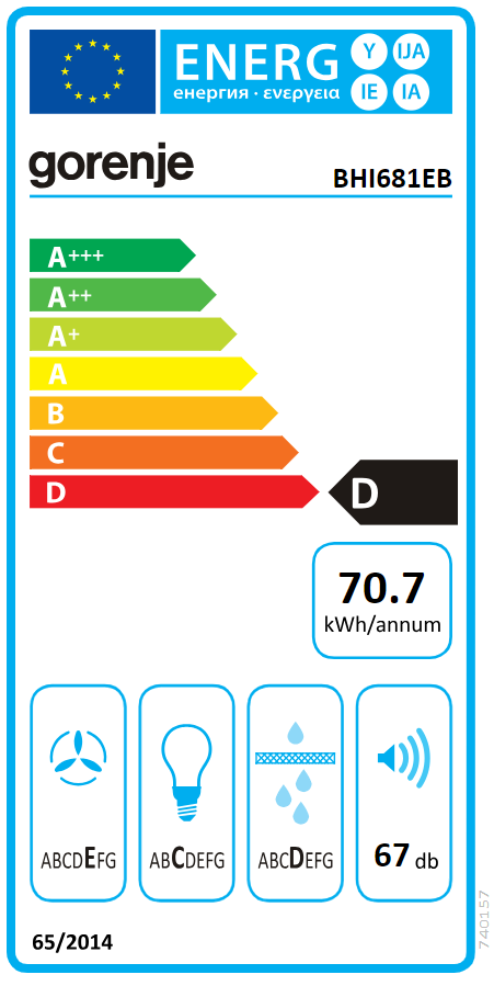 Energia címke hatékonysági besorolásokkal és készülék információkkal.