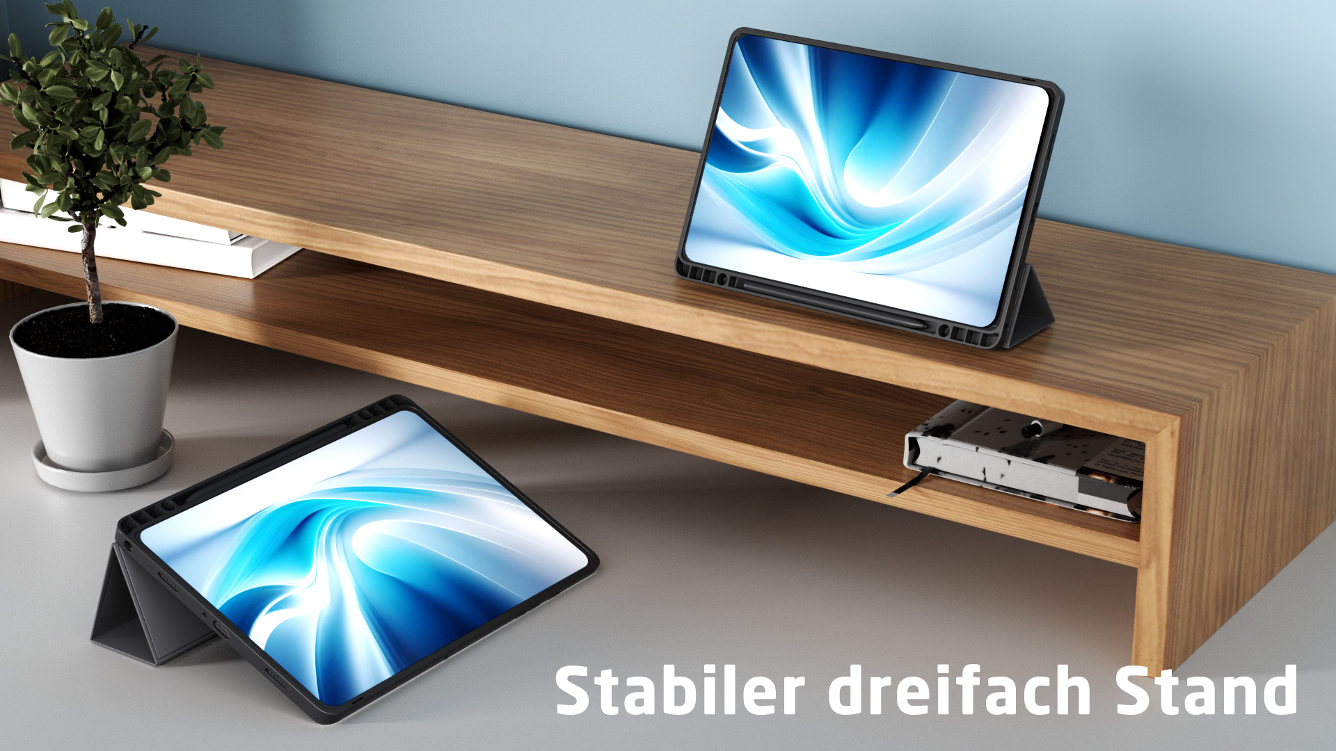 Zwei Tablets mit blauen Bildschirmen stehen auf einem Holzständer. Text: 'Stabiler dreifach Stand'.