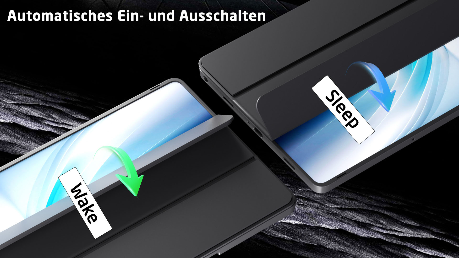 Tablet mit Hülle, zeigt 'Wake' und 'Sleep' Beschriftungen, schwarzer Hintergrund.