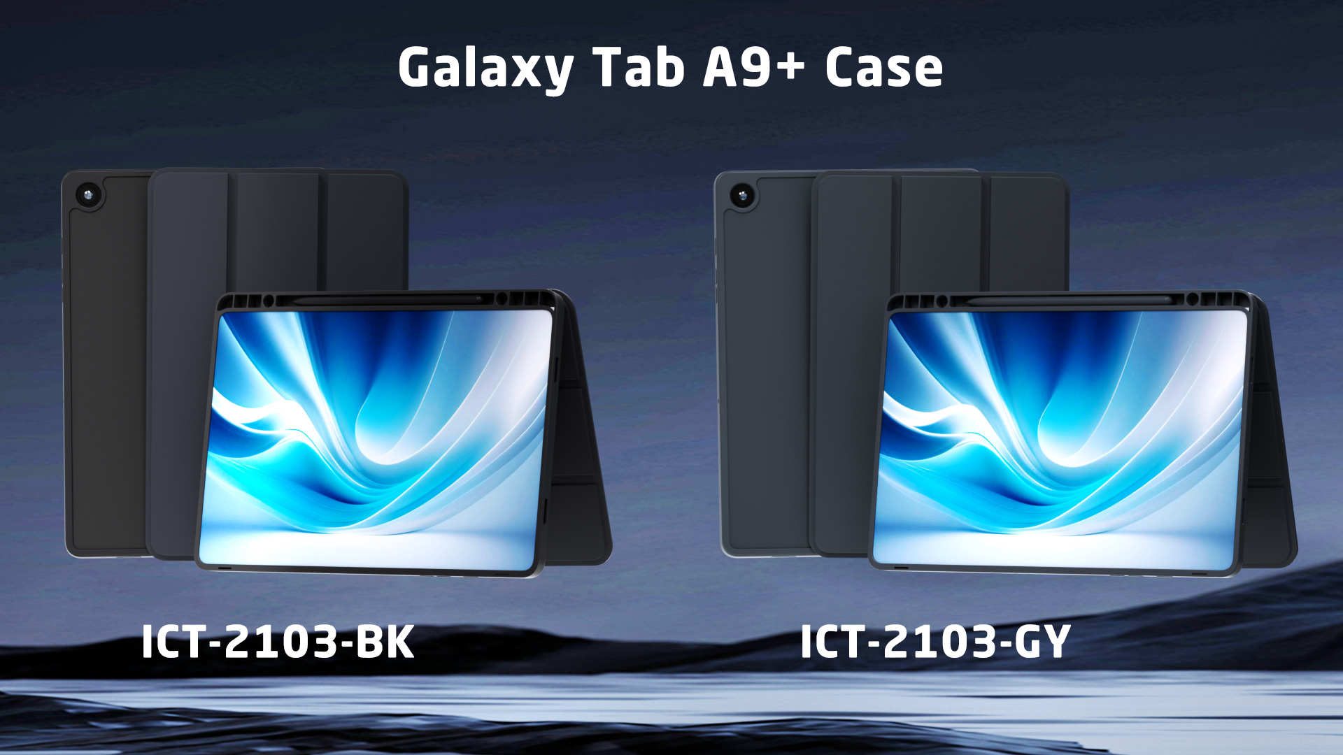 Zwei Tablet-Hüllen mit Tablet darin. Text: Galaxy Tab A9+ Case. Schwarze und graue Hüllen werden gezeigt.