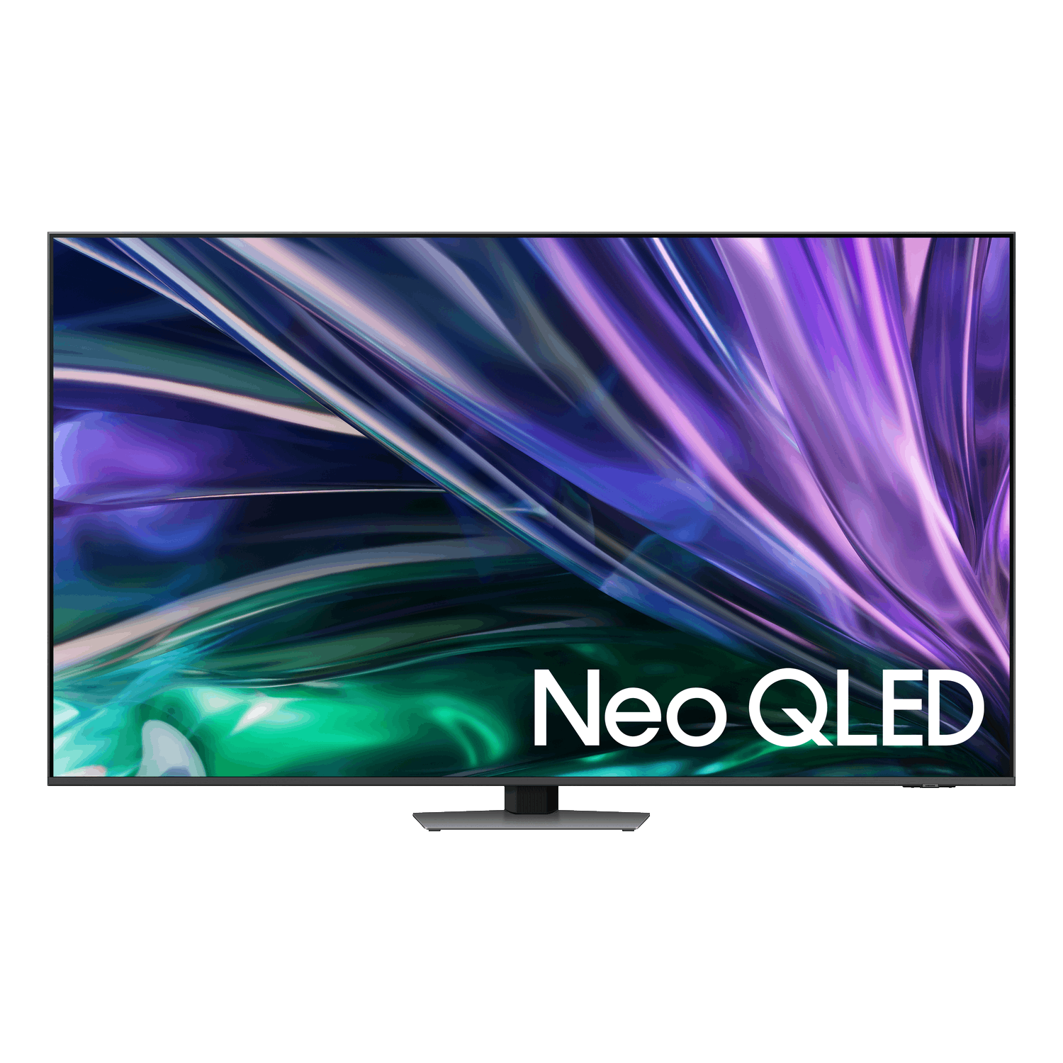 Écran de télévision Neo QLED. Design abstrait vert et violet avec les mots Neo QLED.