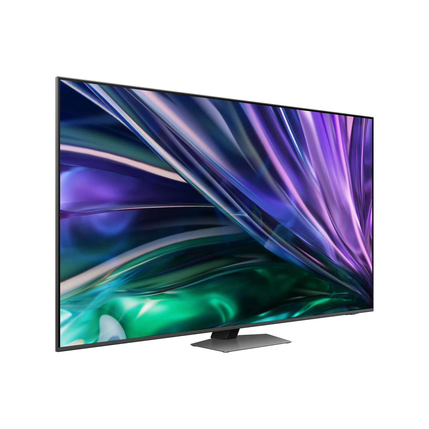 Un grand téléviseur à écran plat, incliné, affichant une image abstraite colorée. Le téléviseur a un pied sombre et élégant.