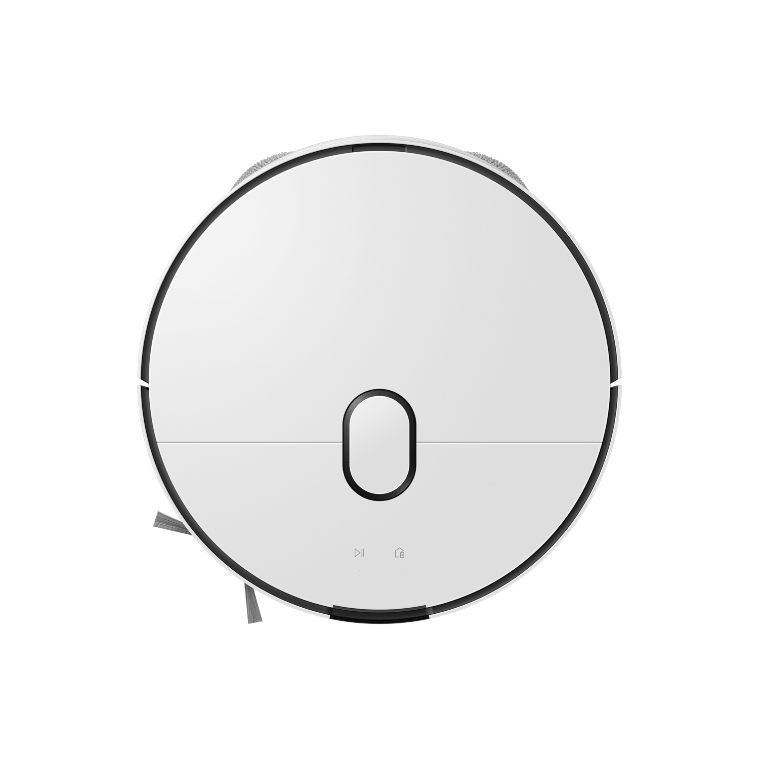 Robotstofzuiger, wit en rond, bovenaanzicht, met borstels en een centrale knop.