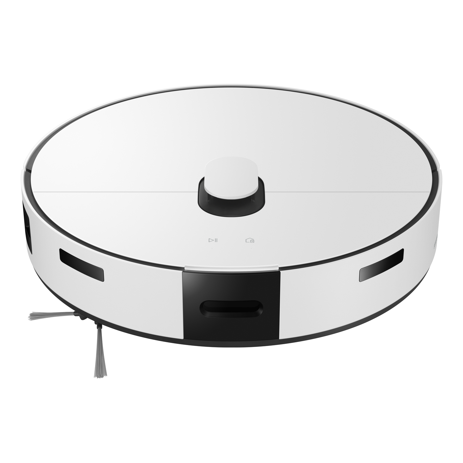 Witte en zwarte ronde robotstofzuiger. Hij heeft een knop en een borstel aan de zijkant.