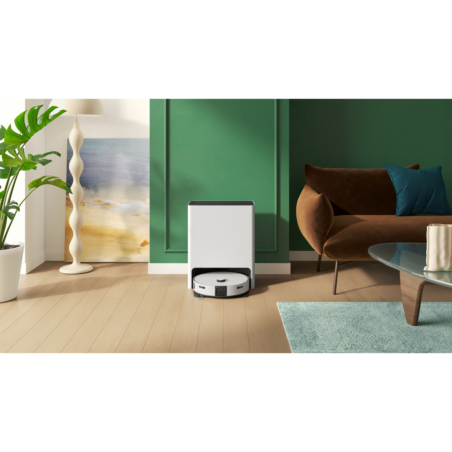 Kamer met witte robotstofzuiger en meubels.