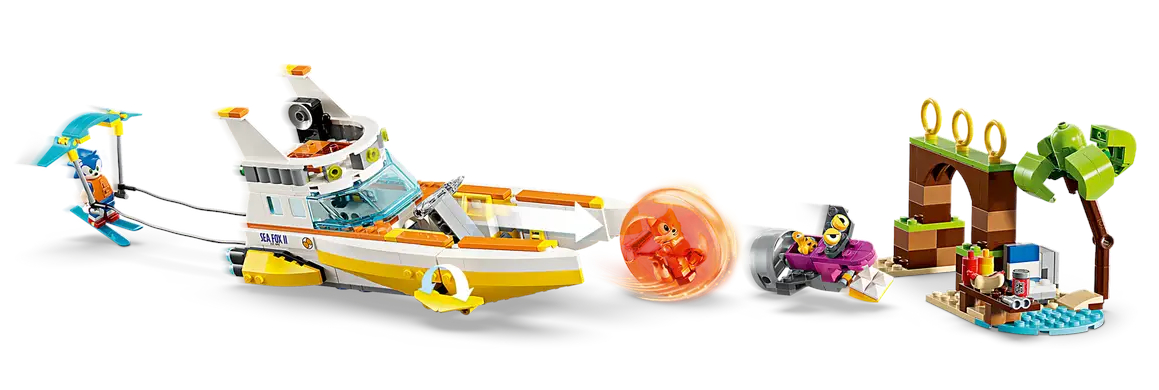 Zestaw Lego z postaciami i elementami Sonic the Hedgehog na białym tle.