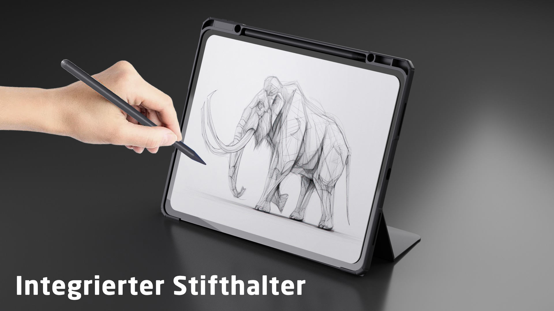 Person zeichnet mit einem Stift auf einem Tablet eine Elefantenzeichnung.