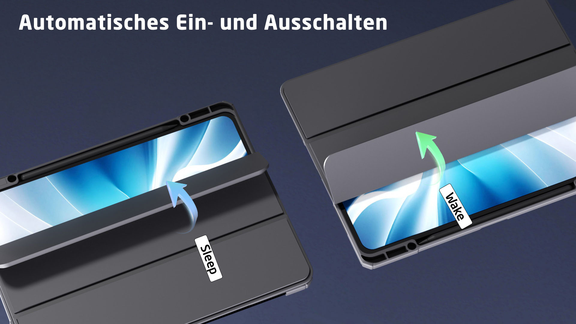 Eine Tablet-Hülle, eine Seite offen mit dem Bildschirm, die andere geschlossen. Text sagt Schlaf/Wecken.