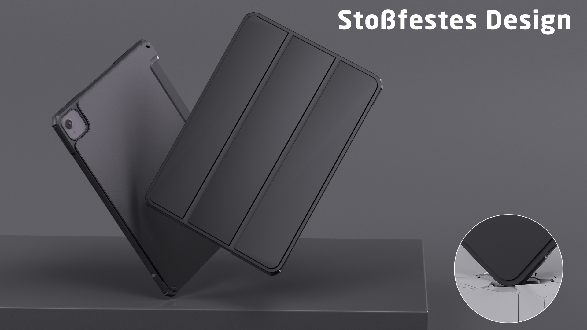Schwarze Tablethülle mit Schrägansicht, zeigt eine Ecke. Die Hülle hat ein mattes Finish.