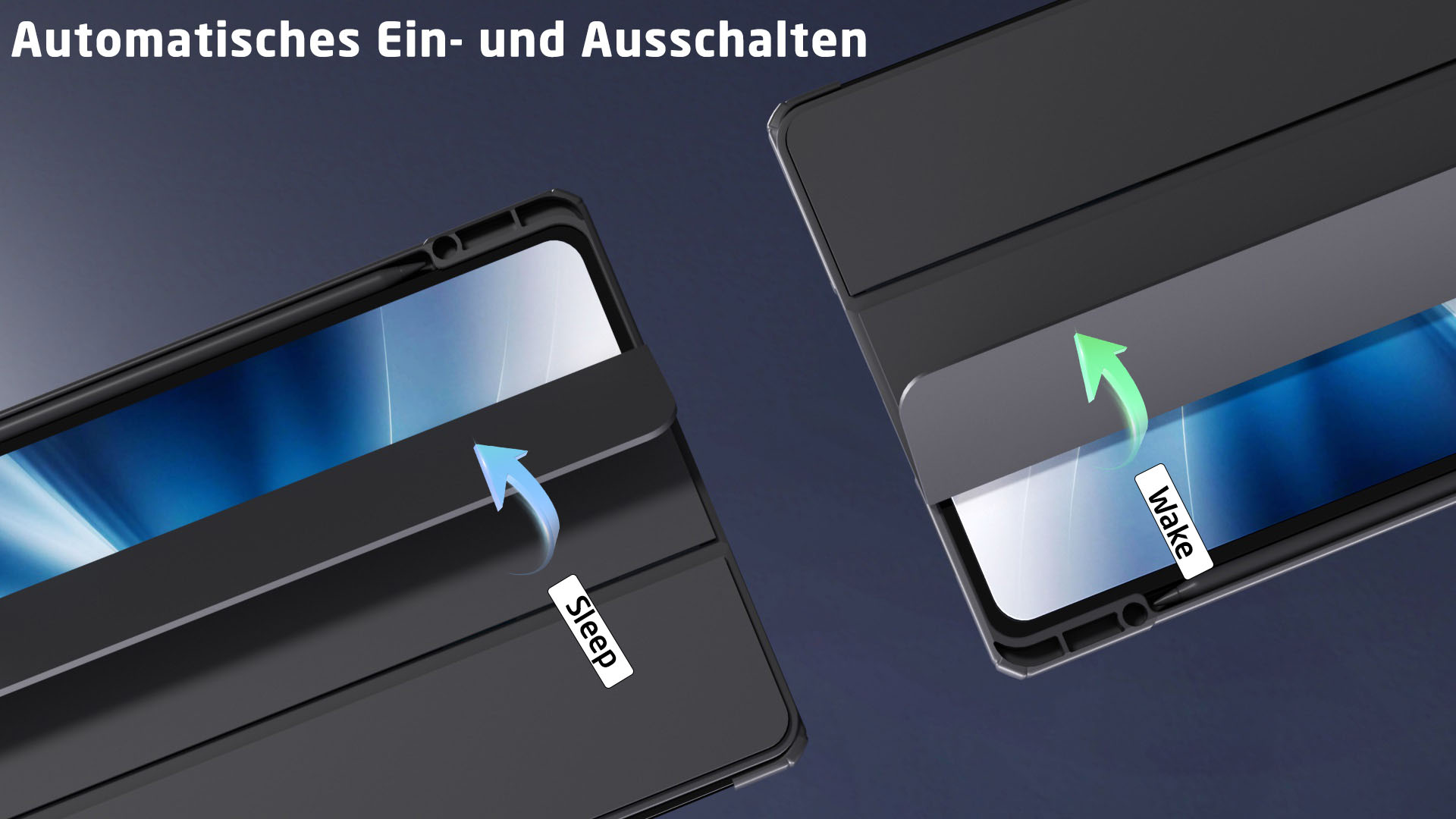 Tablet-Hülle mit automatischer Ein-/Ausschaltfunktion. Schwarze Hülle mit öffnendem Cover.