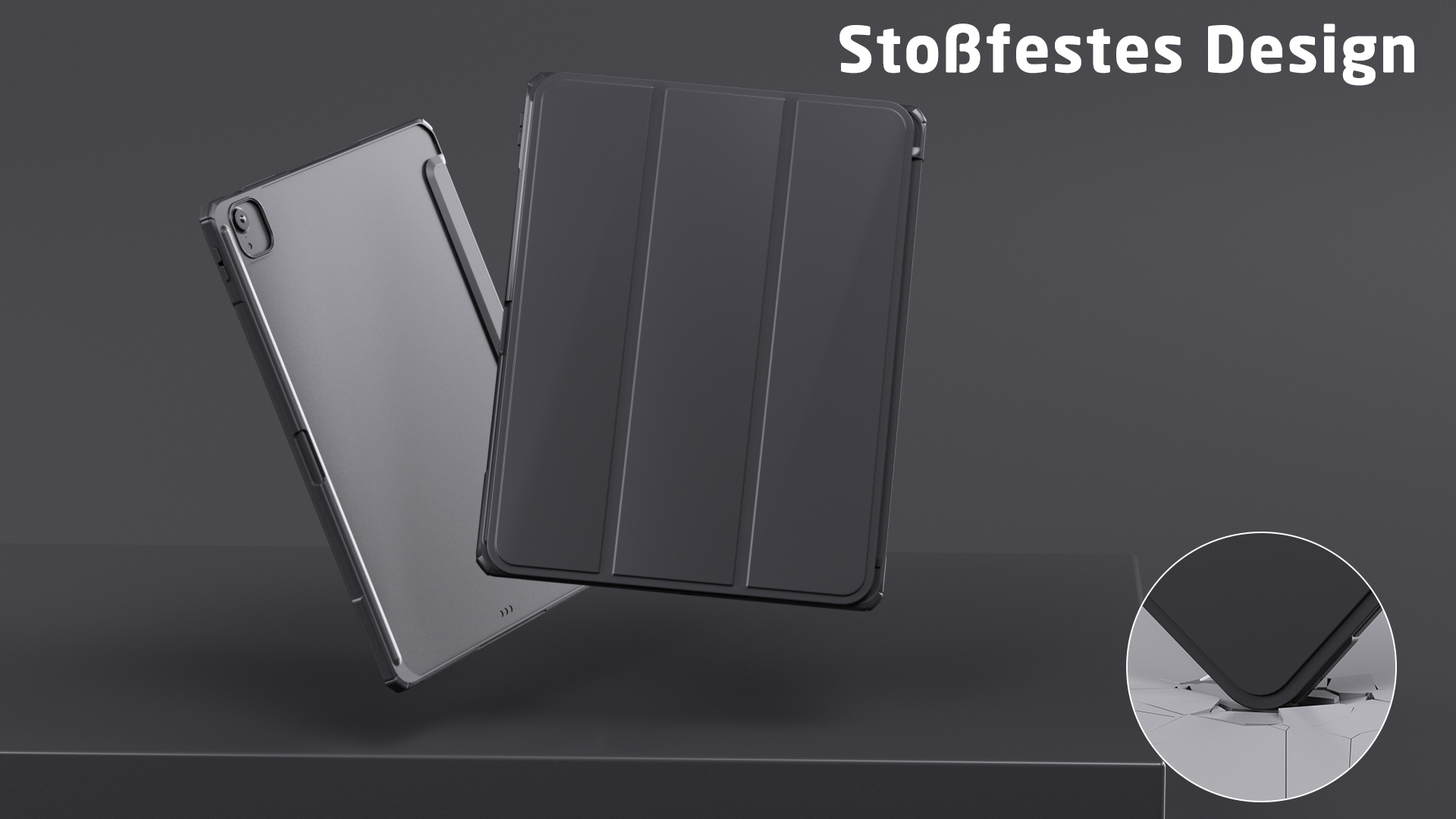 Schutzhülle für ein Tablet, mit dunkler Oberfläche und Nahaufnahme.