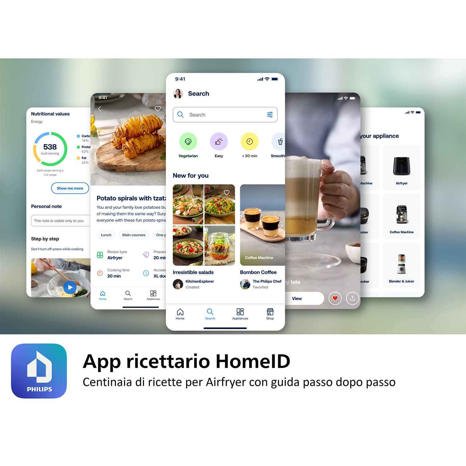 Uno smartphone mostra diverse interfacce di app per ricette. Il logo dell'app Philips HomeID è in basso.
