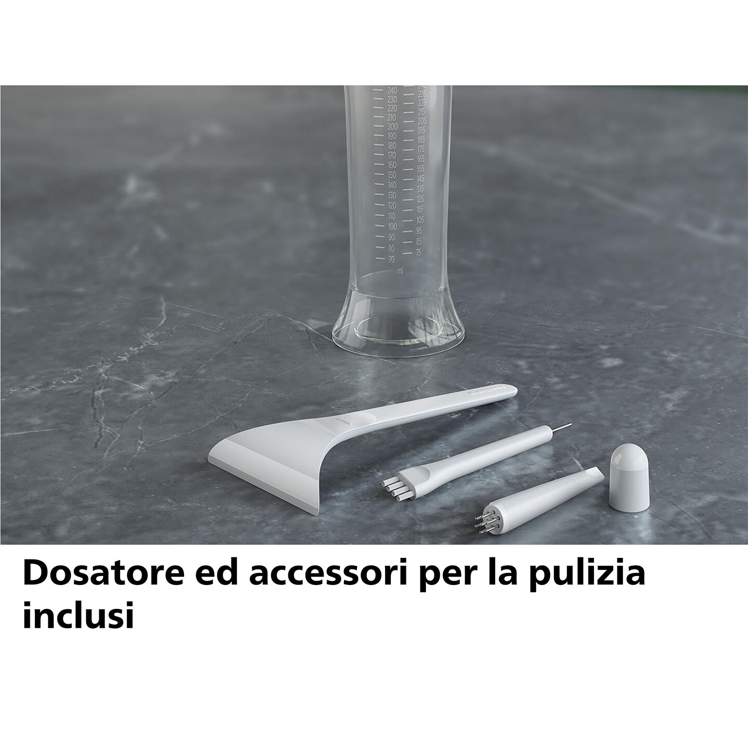 Set di strumenti per la pulizia su una superficie grigia con testo sottostante.