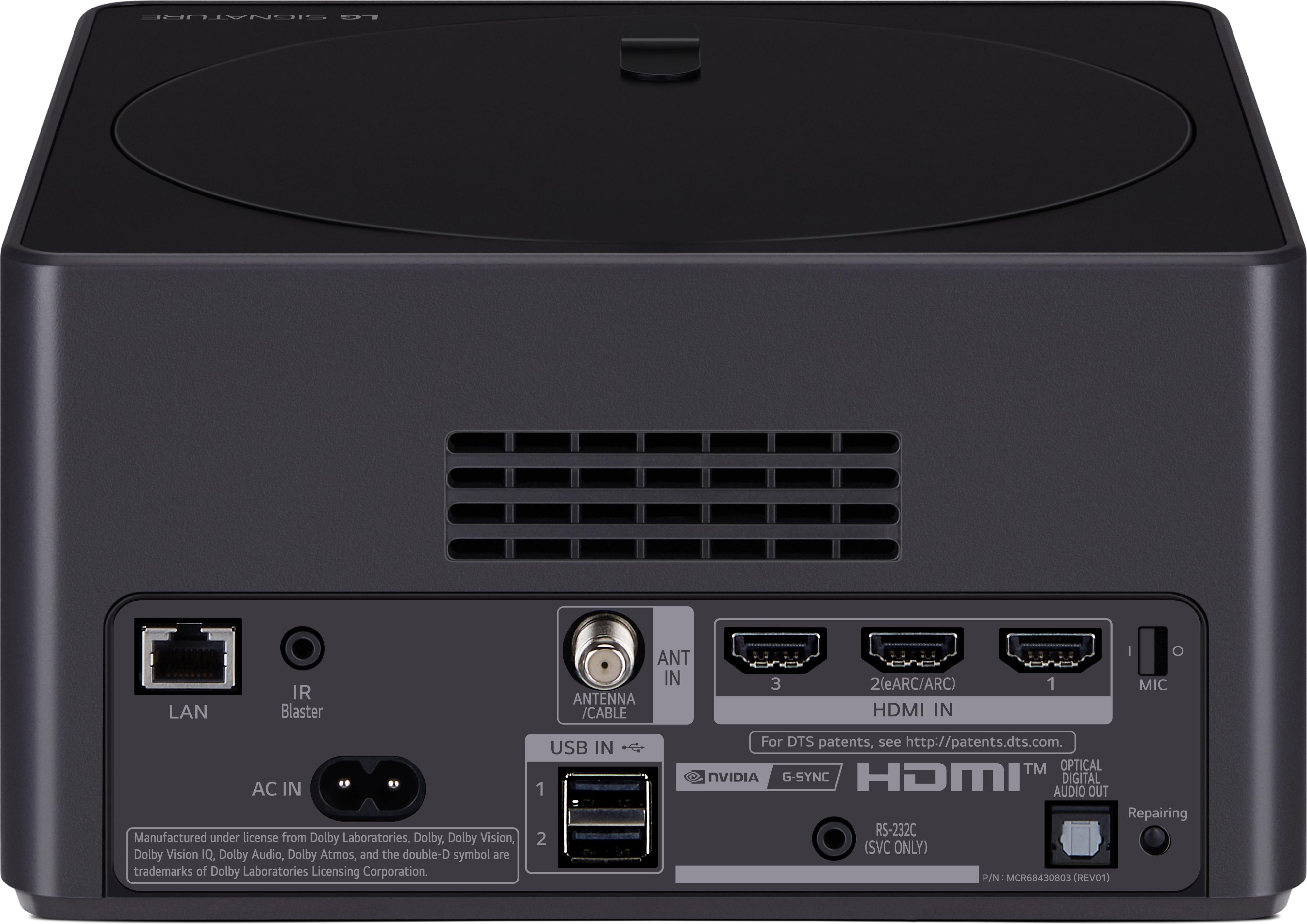 Rückseite eines schwarzen Mediaplayers mit Anschlüssen. Enthält LAN-, HDMI- und USB-Anschlüsse.