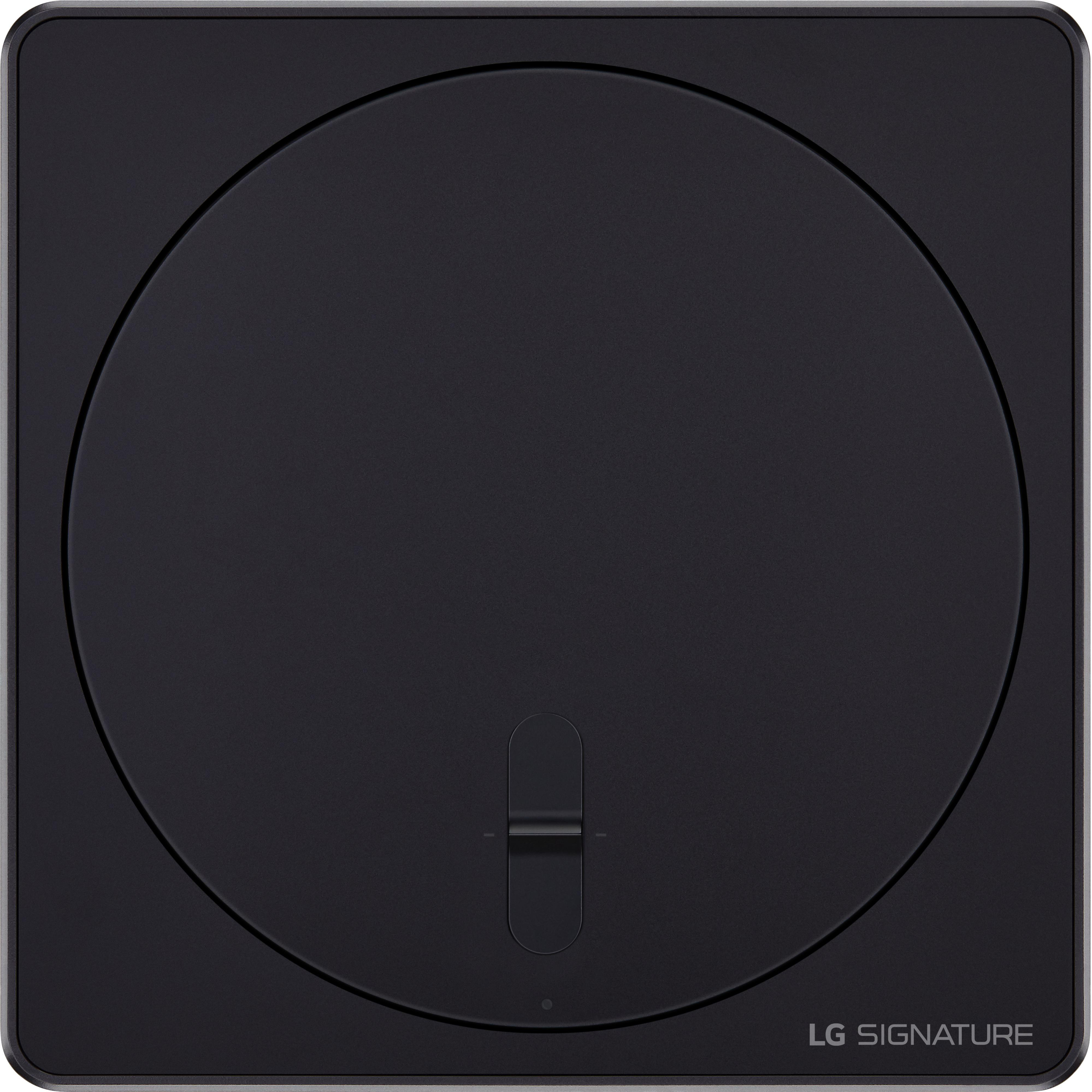 Ein schwarzes LG Signature kabelloses Ladegerät. Das Ladegerät hat ein kreisförmiges Design.
