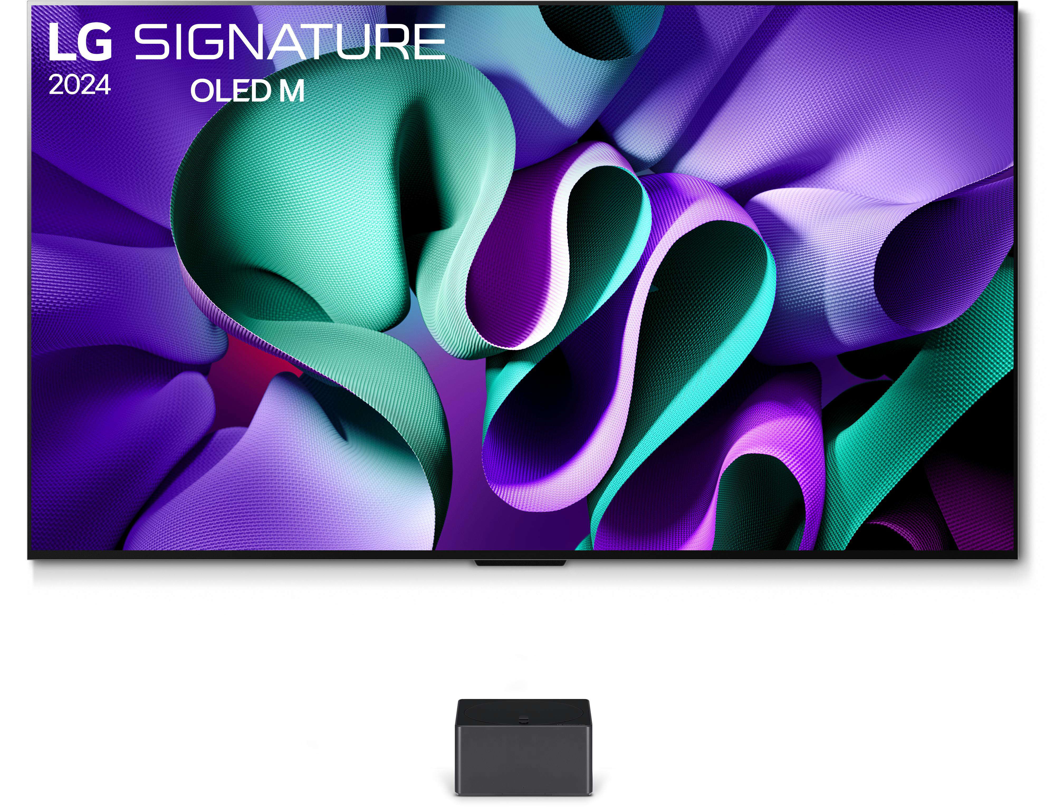 Großer LG OLED-Fernseher mit abstrakter Kunst. Schwarzer Ständer vorne. Weißer Hintergrund.